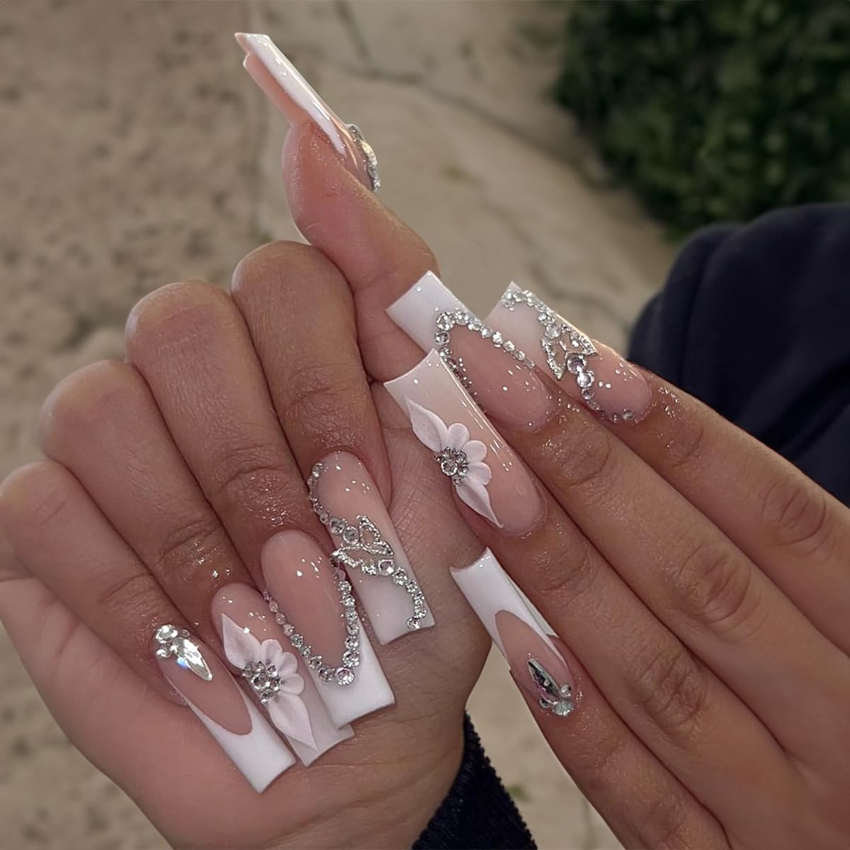 Sharp French Tips Sheer Pink Long Square, Close-Up Take Sharp French Tips Sheer Pink Long Square, Close-Up Take — Long Square Nails