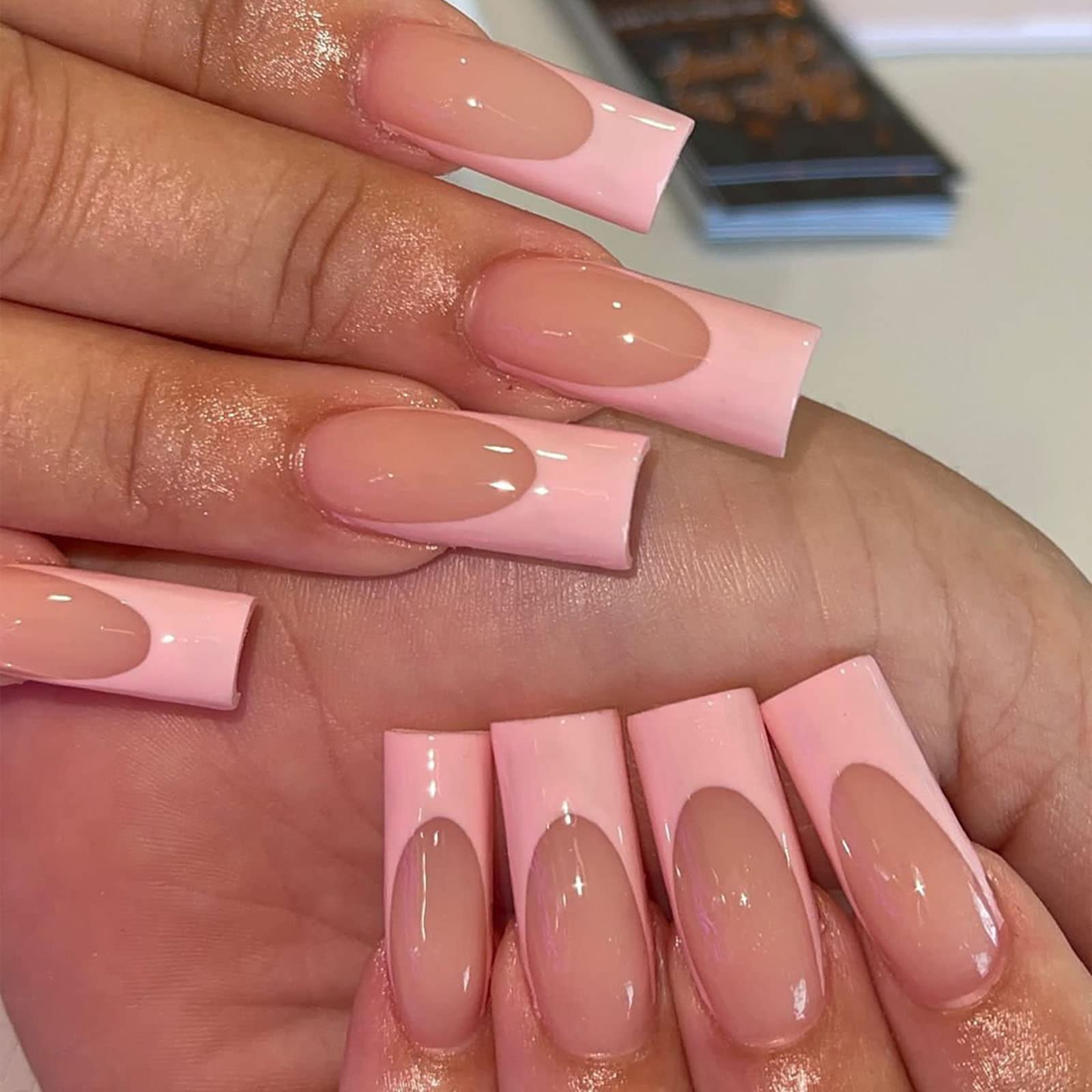 Pink French Tips Glossy Long Square Pink French Tips Glossy Long Square — Long Square Nails