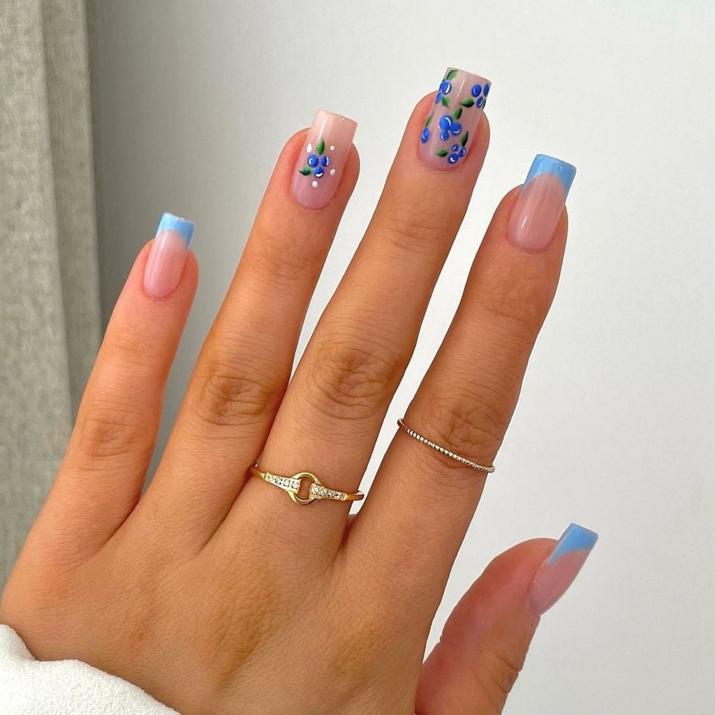 Light Blue French Floral Long Square Light Blue French Floral Long Square — Long Square Nails
