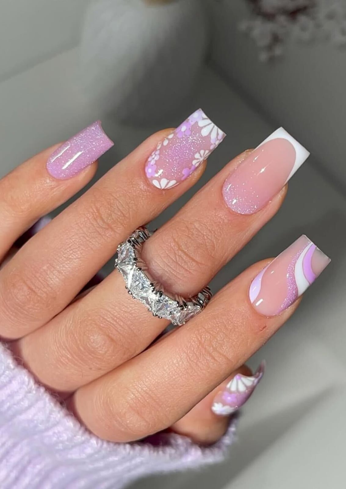Lilac Pink Floral French Long Square Lilac Pink Floral French Long Square — Long Square Nails