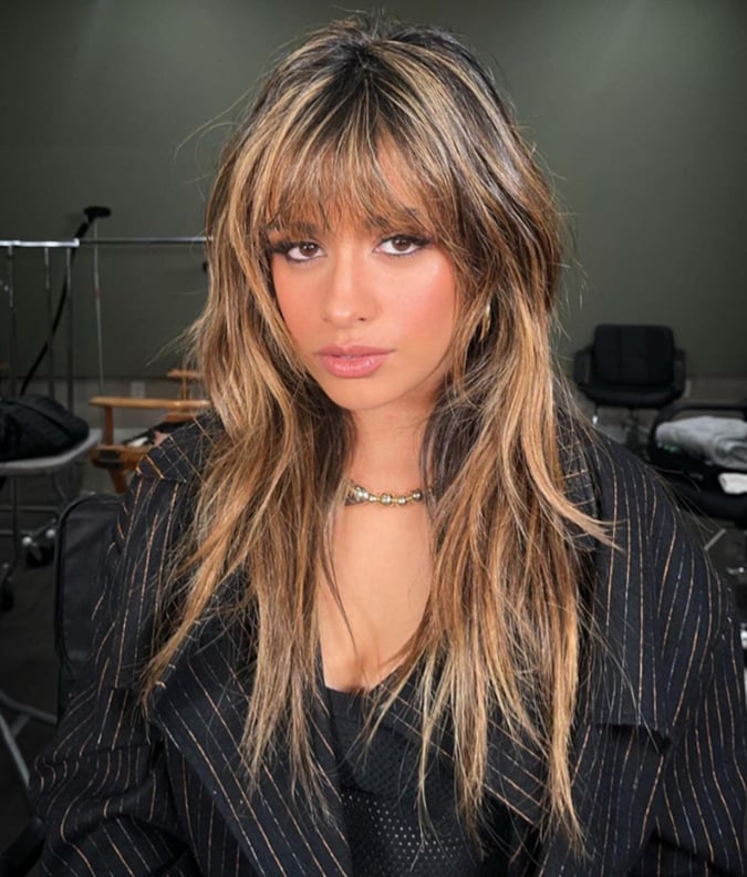Mid-Back Dark Brown Wolf Cut With Blonde Highlights Mid-Back Dark Brown Wolf Cut With Blonde Highlights — Long Wolf Cut