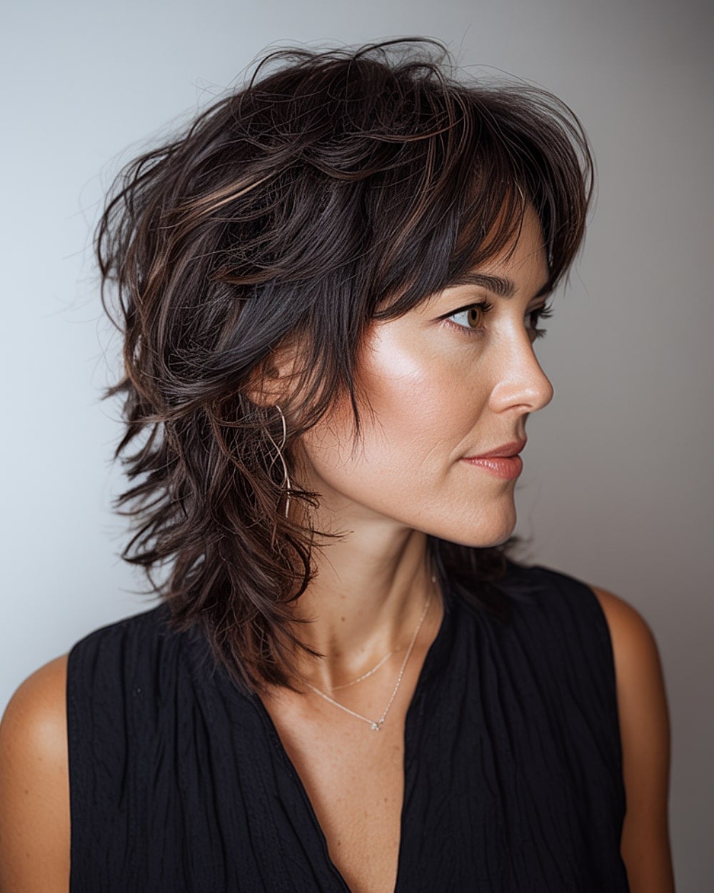 Collarbone Dark Brown Wolf Cut With Shaggy Bangs Collarbone Dark Brown Wolf Cut With Shaggy Bangs — Long Wolf Cut