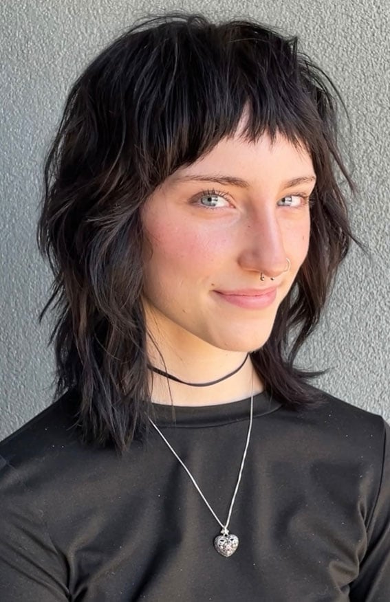 Shoulder Length Dark Brown Wolf Cut With Micro Bangs, Air Dried Shoulder Length Dark Brown Wolf Cut With Micro Bangs, Air Dried — Long Wolf Cut