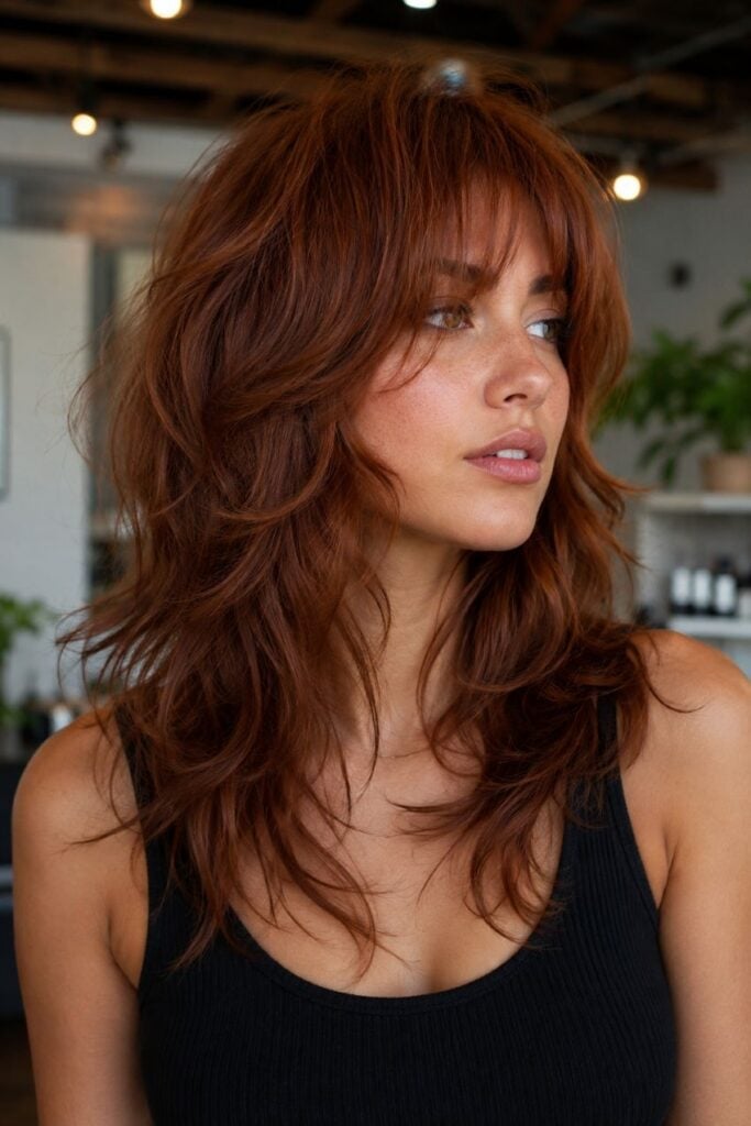 Copper Brown Collarbone Wolf Cut With Curtain Bangs Copper Brown Collarbone Wolf Cut With Curtain Bangs — Long Wolf Cut