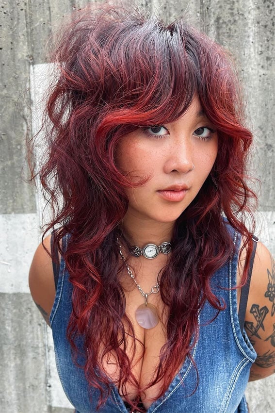Mid-Back Crimson Red Wolf Cut With Curtain Bangs Mid-Back Crimson Red Wolf Cut With Curtain Bangs — Long Wolf Cut