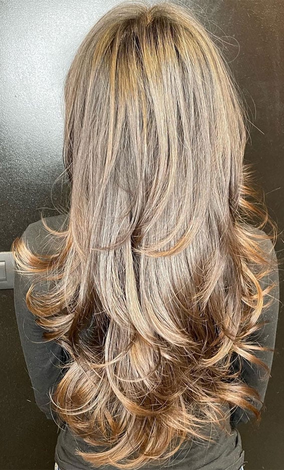 Mid-Back Espresso Wolf Cut With Caramel Highlights Mid-Back Espresso Wolf Cut With Caramel Highlights — Long Wolf Cut