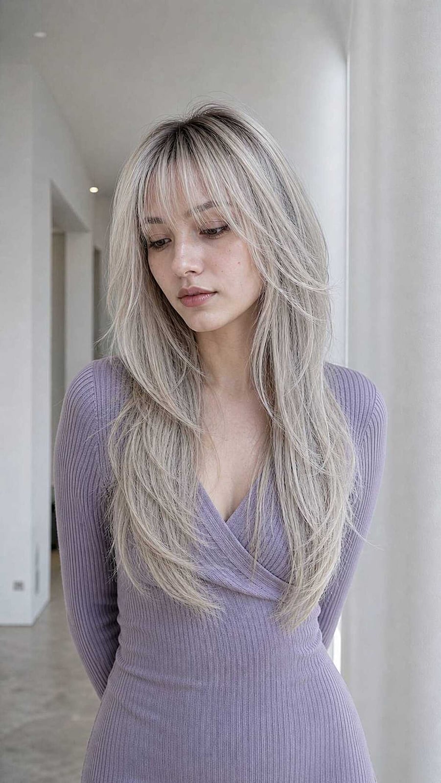 Ash Blonde Mid-Back Wolf Cut With Wispy Bangs Ash Blonde Mid-Back Wolf Cut With Wispy Bangs — Long Wolf Cut