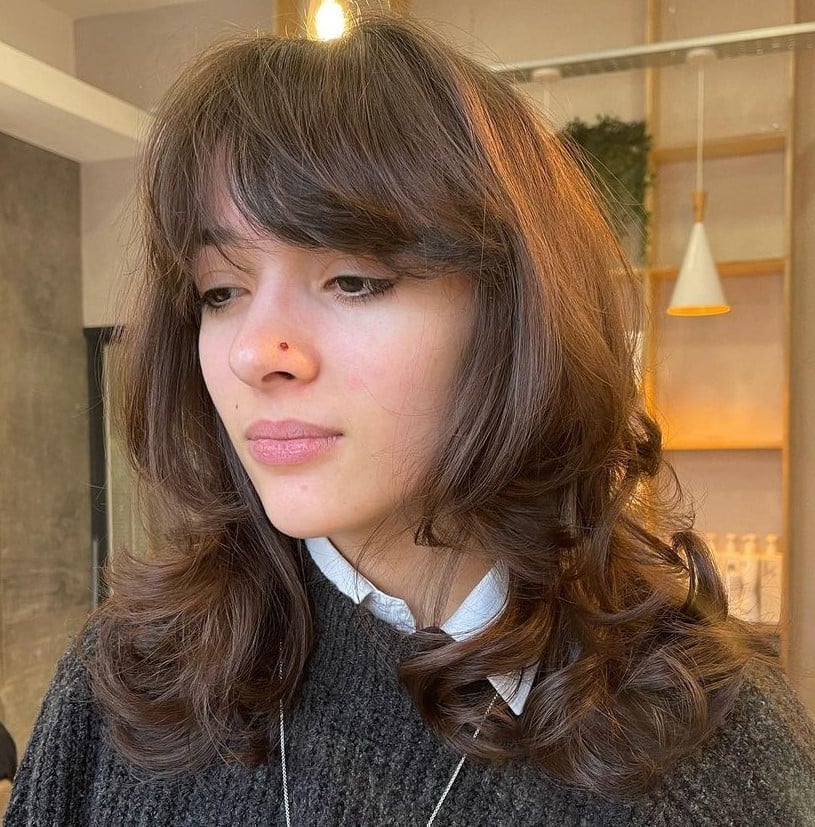 Shoulder Medium Brown Wolf Cut With Wispy Bangs, Office-Safe Version Shoulder Medium Brown Wolf Cut With Wispy Bangs, Office-Safe Version — Long Wolf Cut