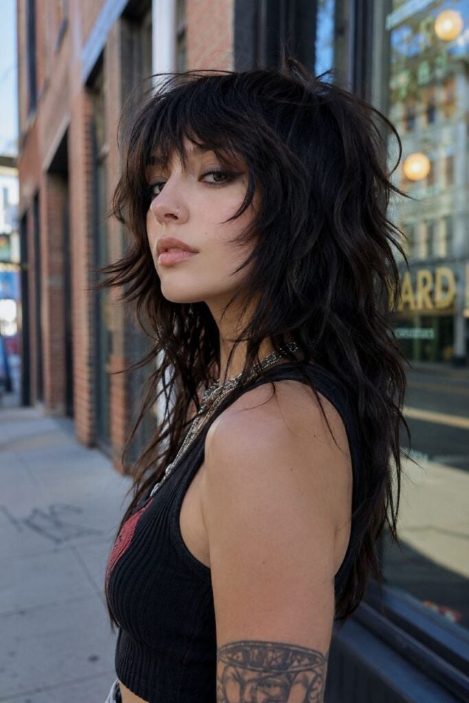 Dark Brown Mid-Back Wolf Cut With Full Bangs Dark Brown Mid-Back Wolf Cut With Full Bangs — Long Wolf Cut