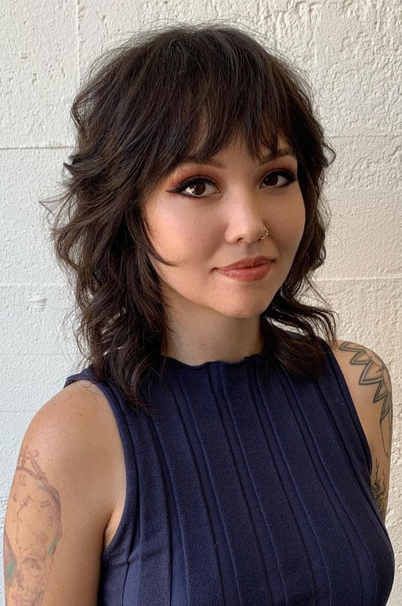 Shoulder Length Dark Brown Wolf Cut With Shaggy Bangs Shoulder Length Dark Brown Wolf Cut With Shaggy Bangs — Long Wolf Cut