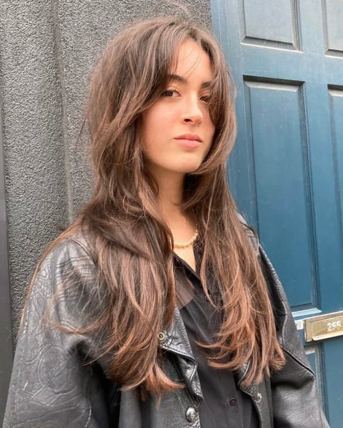 Brown Mid-Back Wolf Cut With Full Bangs, Air-Dried Wavy Texture Brown Mid-Back Wolf Cut With Full Bangs, Air-Dried Wavy Texture — Long Wolf Cut