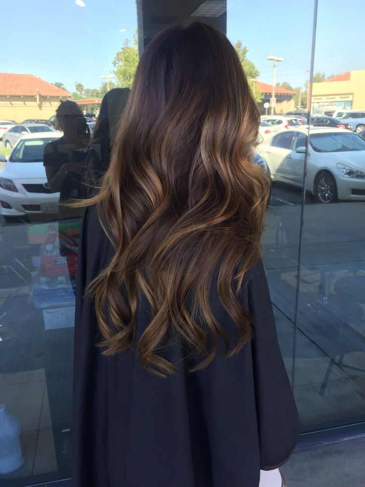 Mid-Back Dark Brown With Caramel Balayage, Loose Waves Mid-Back Dark Brown With Caramel Balayage, Loose Waves — Low Maintenance Hair Color