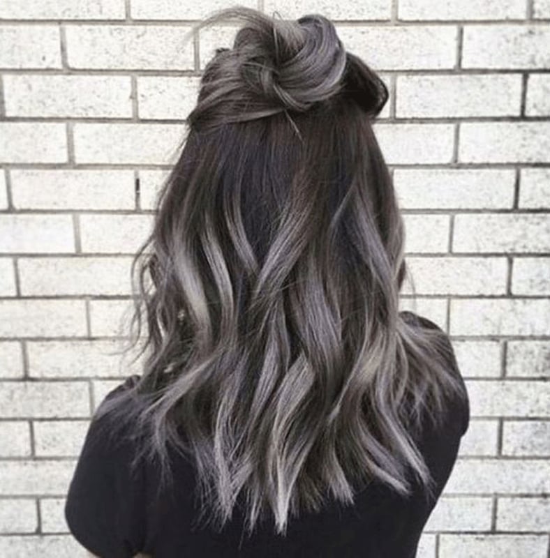 Collarbone Dark Gray With Silver Highlights Collarbone Dark Gray With Silver Highlights — Low Maintenance Hair Color