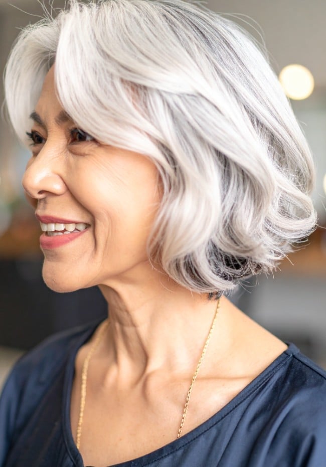 Natural Gray Bob With Soft Waves Natural Gray Bob With Soft Waves — Low Maintenance Hair Color