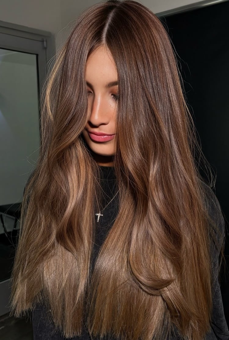 Rich Brown With Caramel Balayage Mid-Back Length Rich Brown With Caramel Balayage Mid-Back Length — Low Maintenance Hair Color