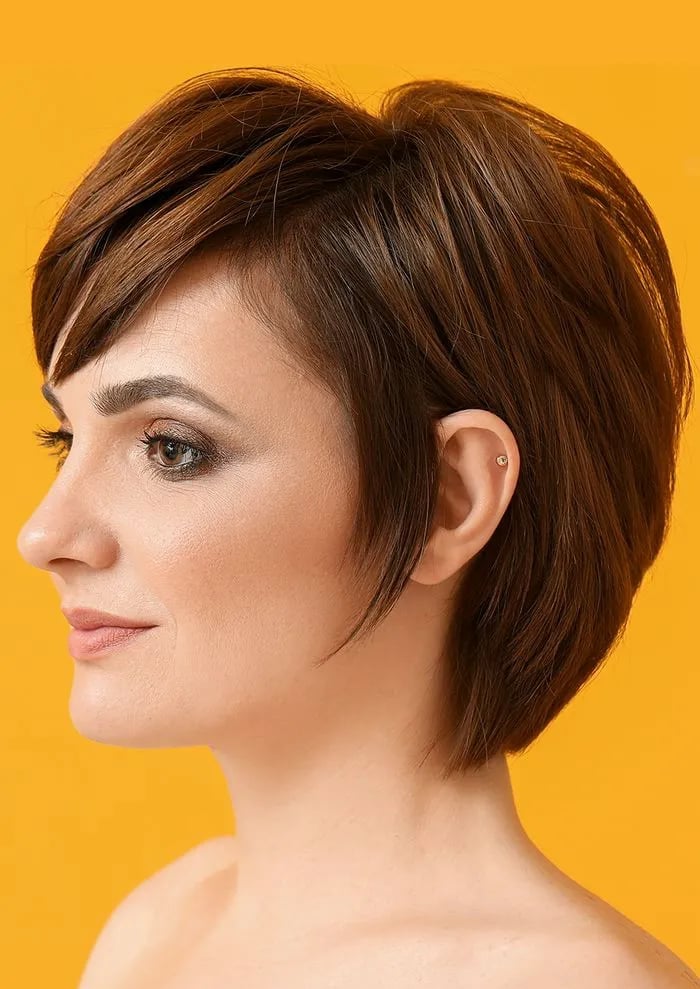 Asymmetrical Dark Brown Pixie Bob, Ear Asymmetrical Dark Brown Pixie Bob, Ear — Low Maintenance Haircuts