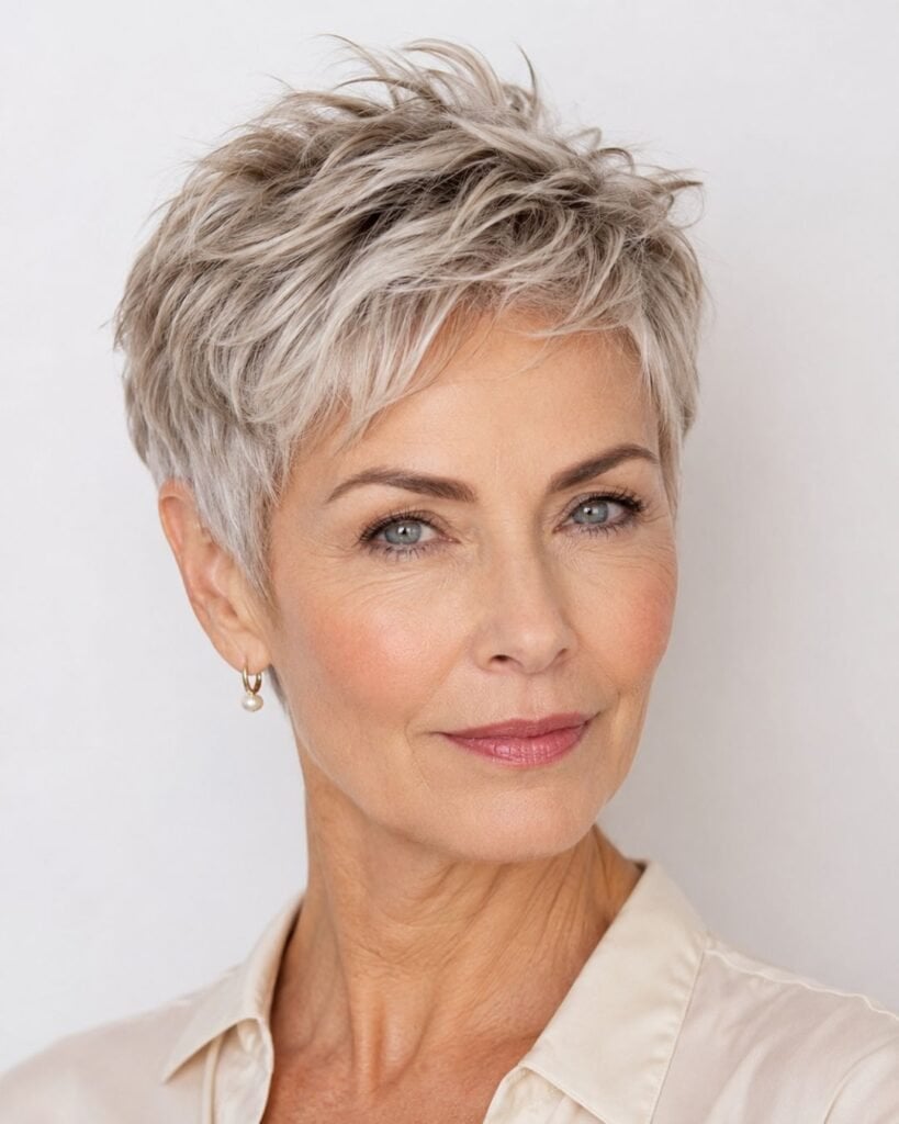 Silver Blonde Pixie With Choppy Layers Silver Blonde Pixie With Choppy Layers — Low Maintenance Haircuts