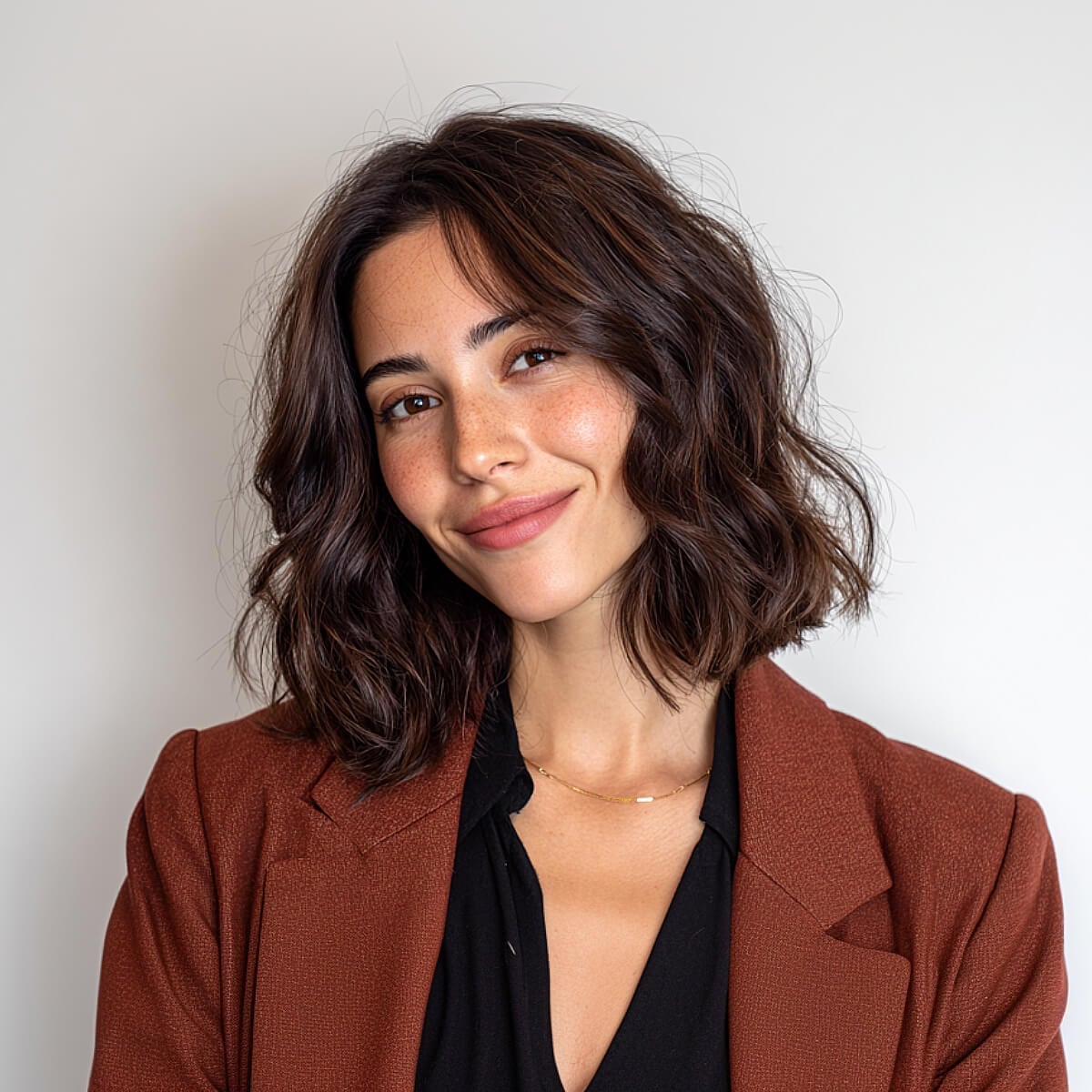 Dark Brown Lob With Curtain Bangs and Waves Dark Brown Lob With Curtain Bangs and Waves — Low Maintenance Haircuts