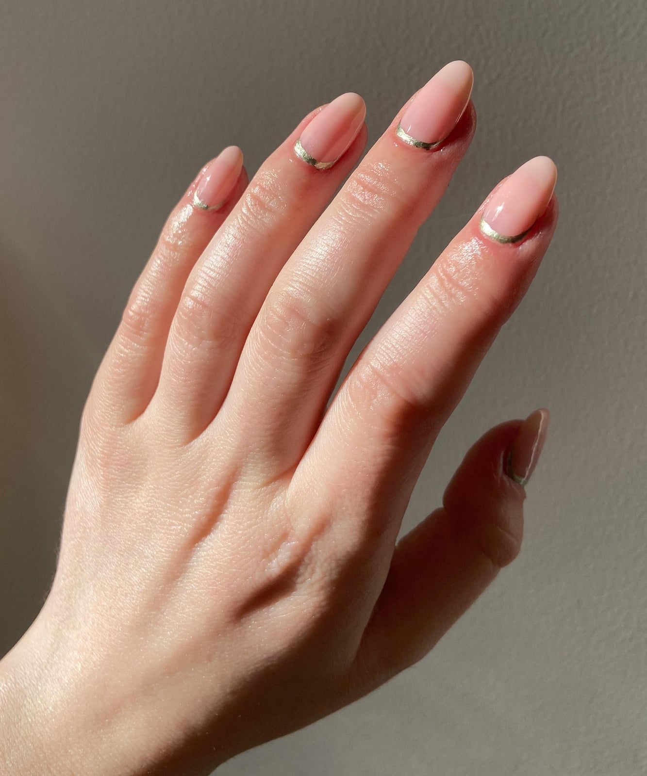 Gold Cuticle Line Sheer Milky Pink Short Almond Nails Gold Cuticle Line Sheer Milky Pink Short Almond Nails — Low Maintenance Nails