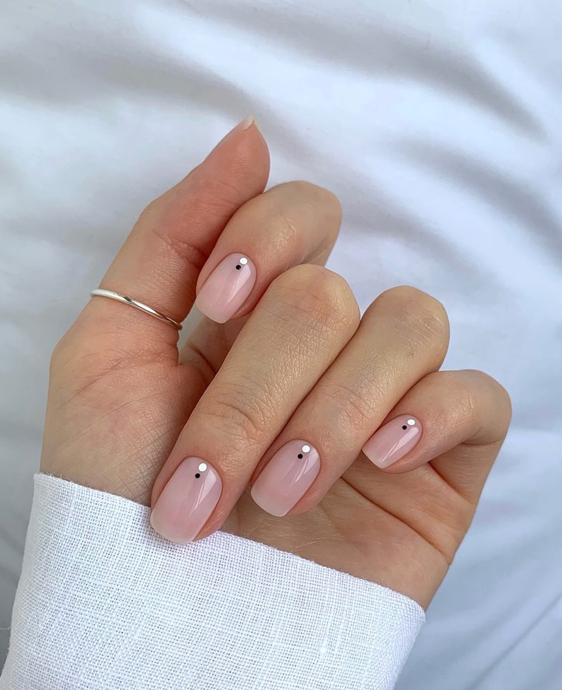 Minimalist Black Dot Sheer Pale Pink Short Square Nails Minimalist Black Dot Sheer Pale Pink Short Square Nails — Low Maintenance Nails