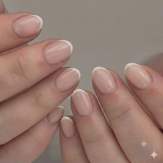 Floral Line French Oval Nails Floral Line French Oval Nails — Low Maintenance Nails
