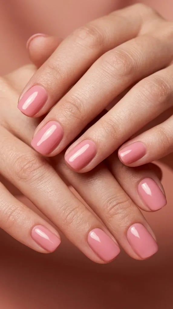 Uniform Medium Pink Short Square Nails Uniform Medium Pink Short Square Nails — Low Maintenance Nails