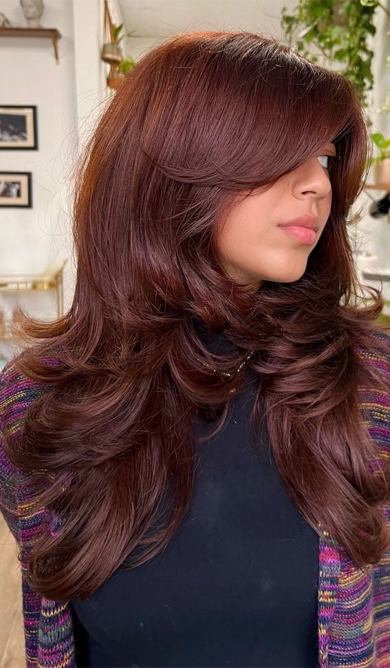 Collarbone Length Mahogany With Side Swept Bangs — Mahogany Hair