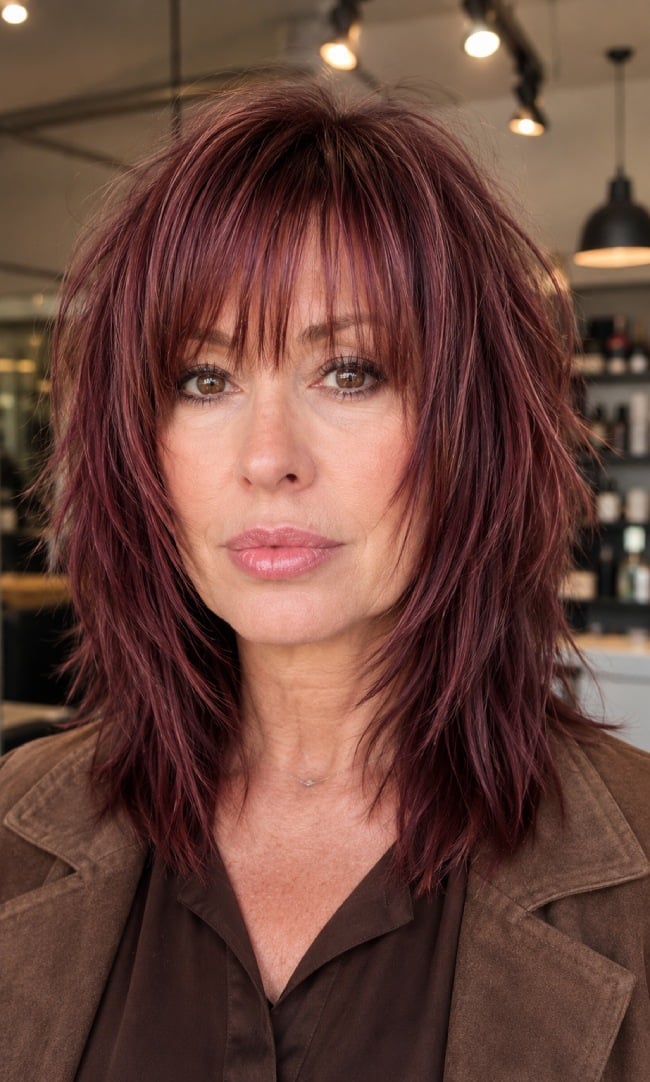 Shoulder Length Mahogany Shag With Wispy Fringe — Mahogany Hair