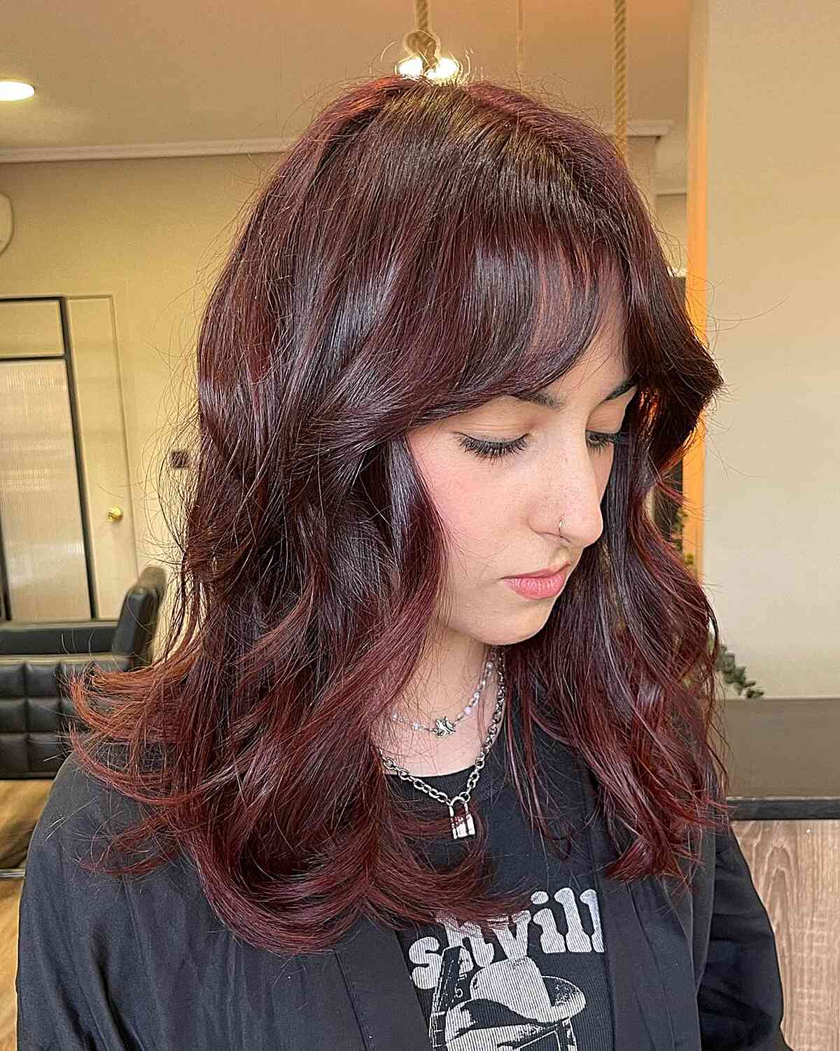 Collarbone Shag With Curtain Bangs — Mahogany Hair