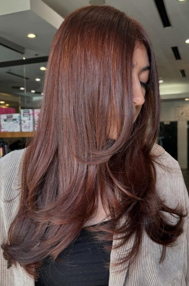 Collarbone Cinnamon Mahogany With Feathered Layers — Mahogany Hair