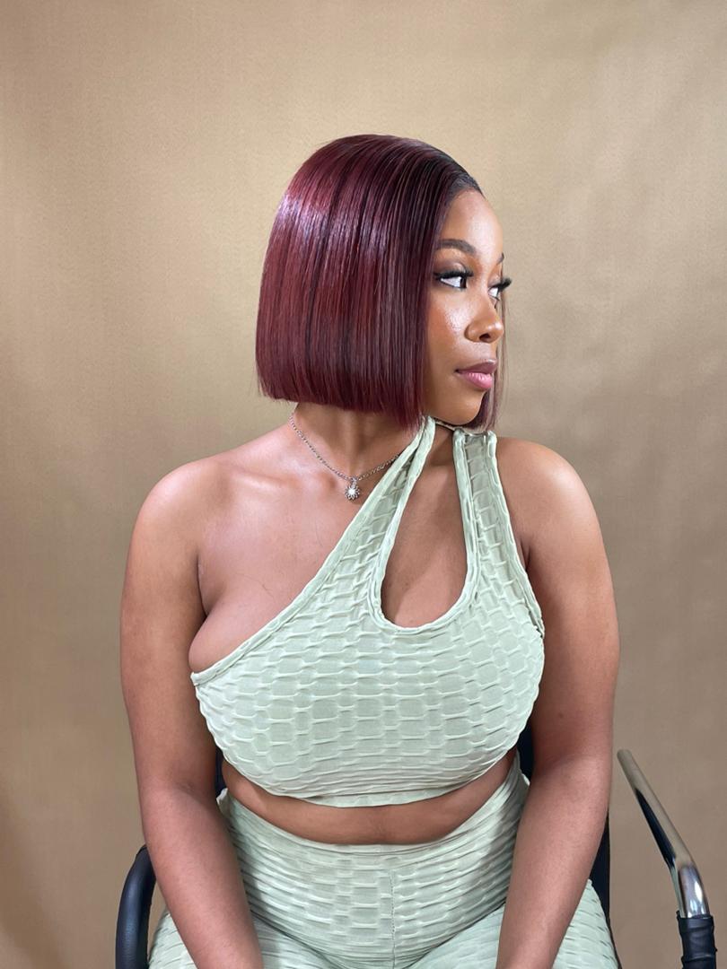 Chin Length Bob With Blunt Mahogany Red Bangs — Mahogany Hair