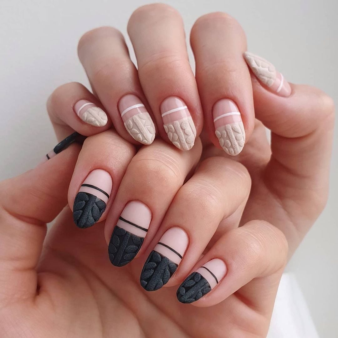 Matte Nude Nails with Cable Knit and Lines — Matte Nails