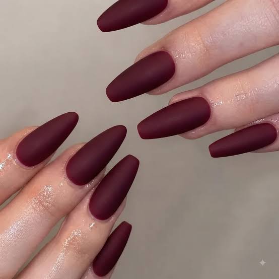 Deep Burgundy Matte Long Coffin Nails — Matte Nails