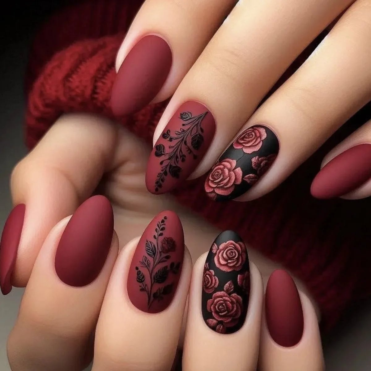 Deep Red Matte Nails with Black Floral Art
