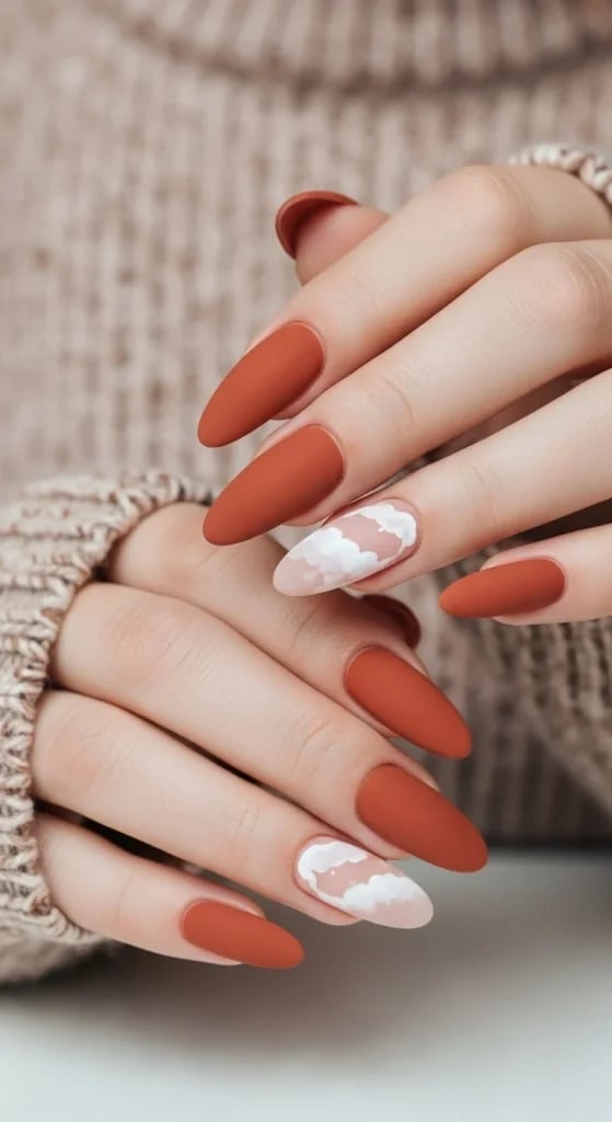 Matte Burnt Orange Nails with White Cloud Art — Matte Nails