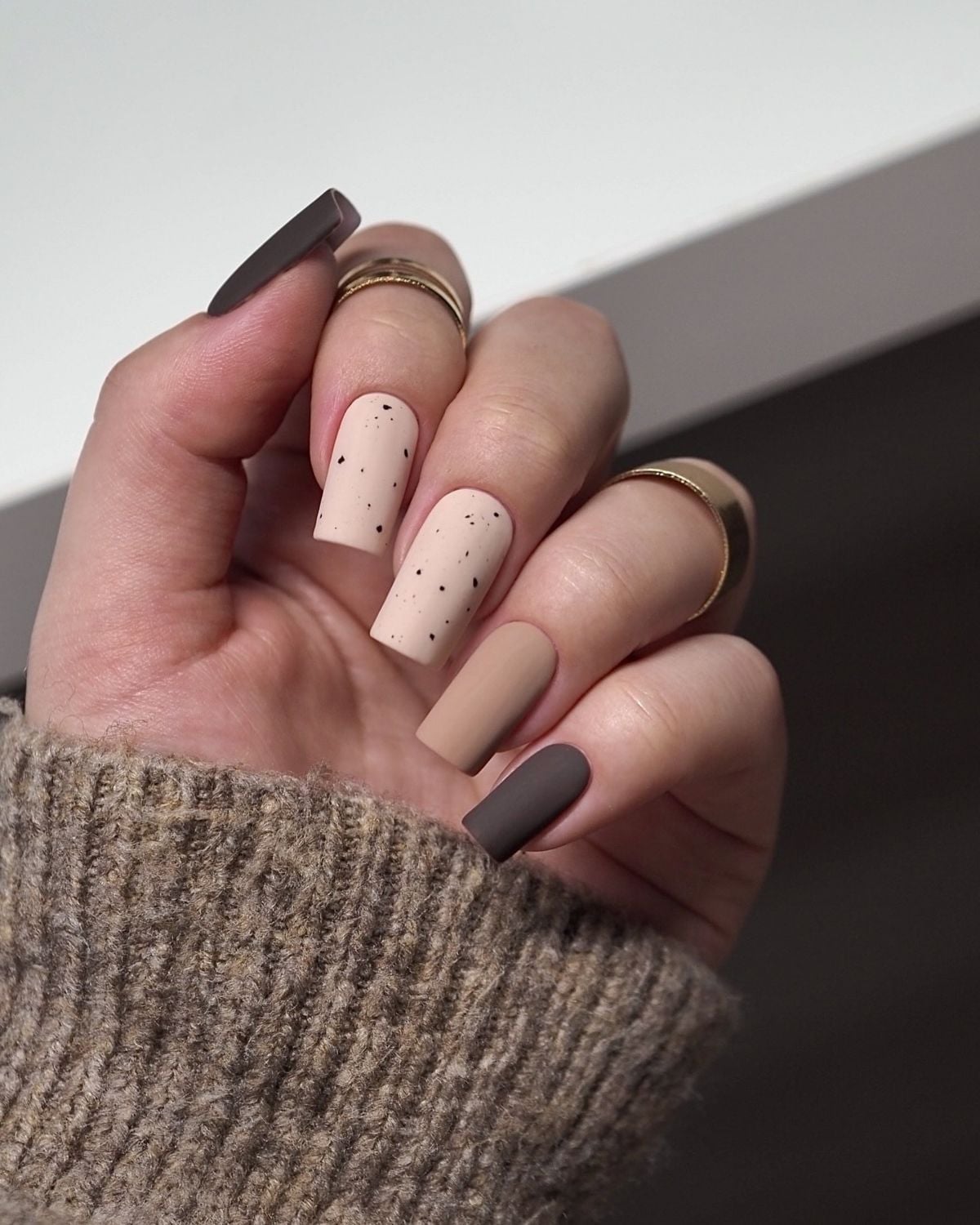 Matte Beige Brown Gray Nails with Black Dots — Matte Nails