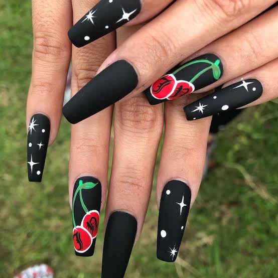 Matte Black Coffin Nails with Stars Dots and Cherry — Matte Nails