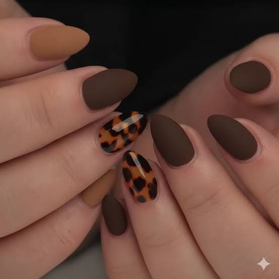 Matte Brown Nails with Tortoise Shell Accent — Matte Nails