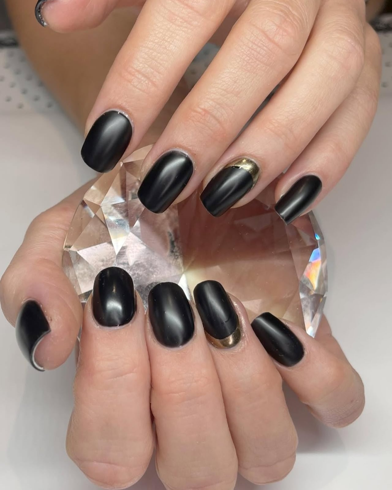 Matte Black Oval Nails with Gold Strip Accent — Matte Nails