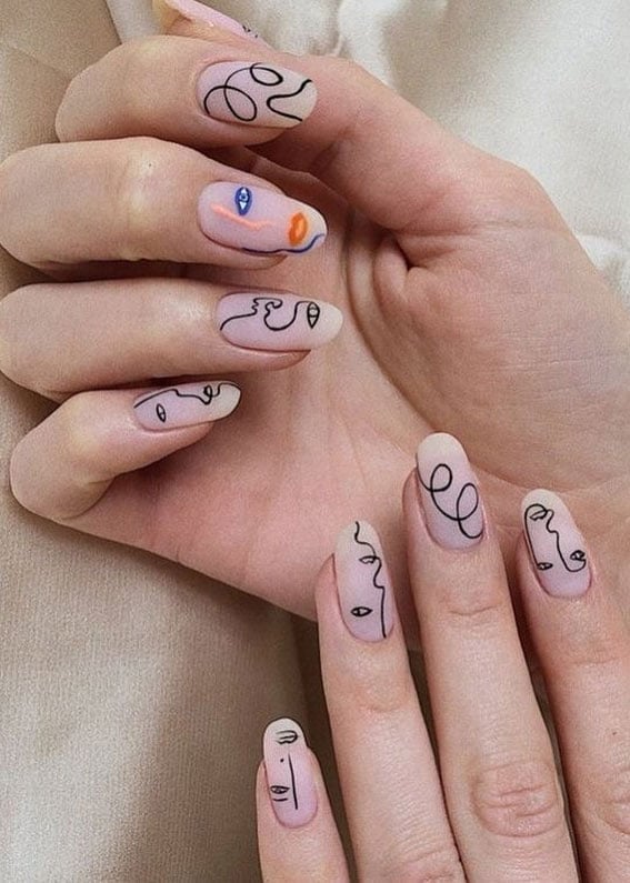 Nude Matte Almond Nails with Abstract Face Art — Matte Nails