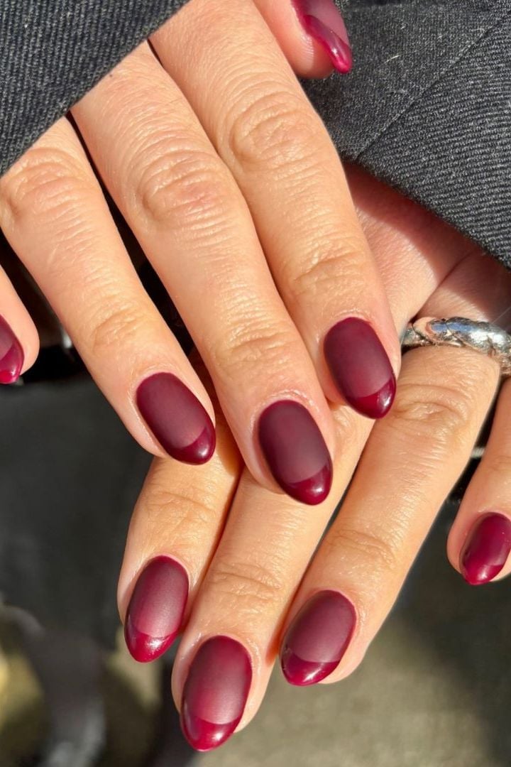Deep Burgundy Matte Nails with Red French Tips