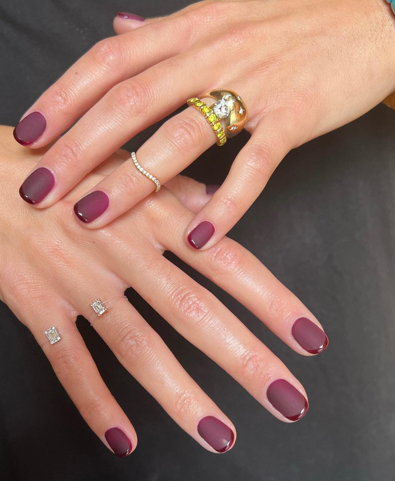 Matte Deep Burgundy Nails with Red French Tips, Close-Up Take — Matte Nails