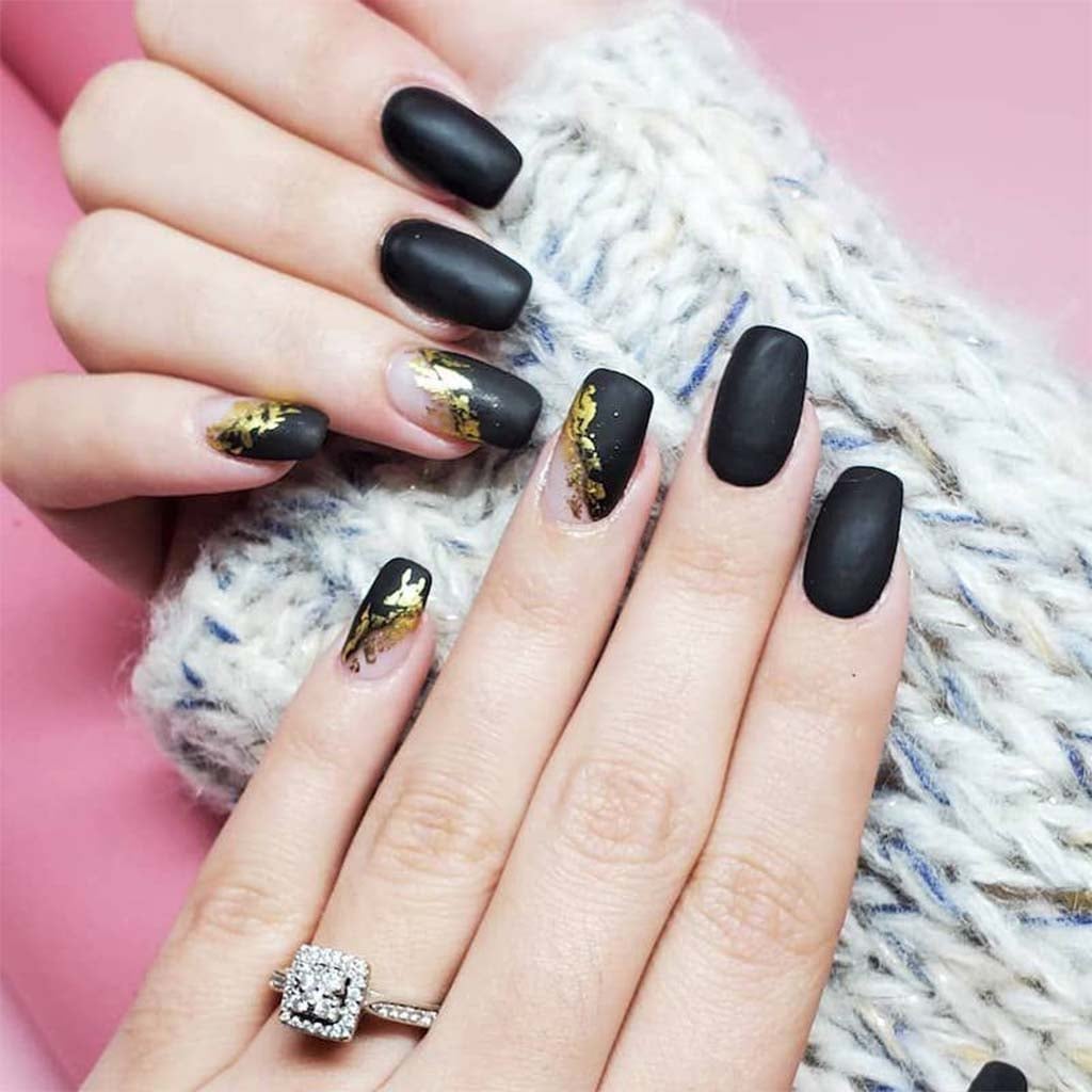 Deep Matte Black Nails with Gold Foil Accents — Matte Nails