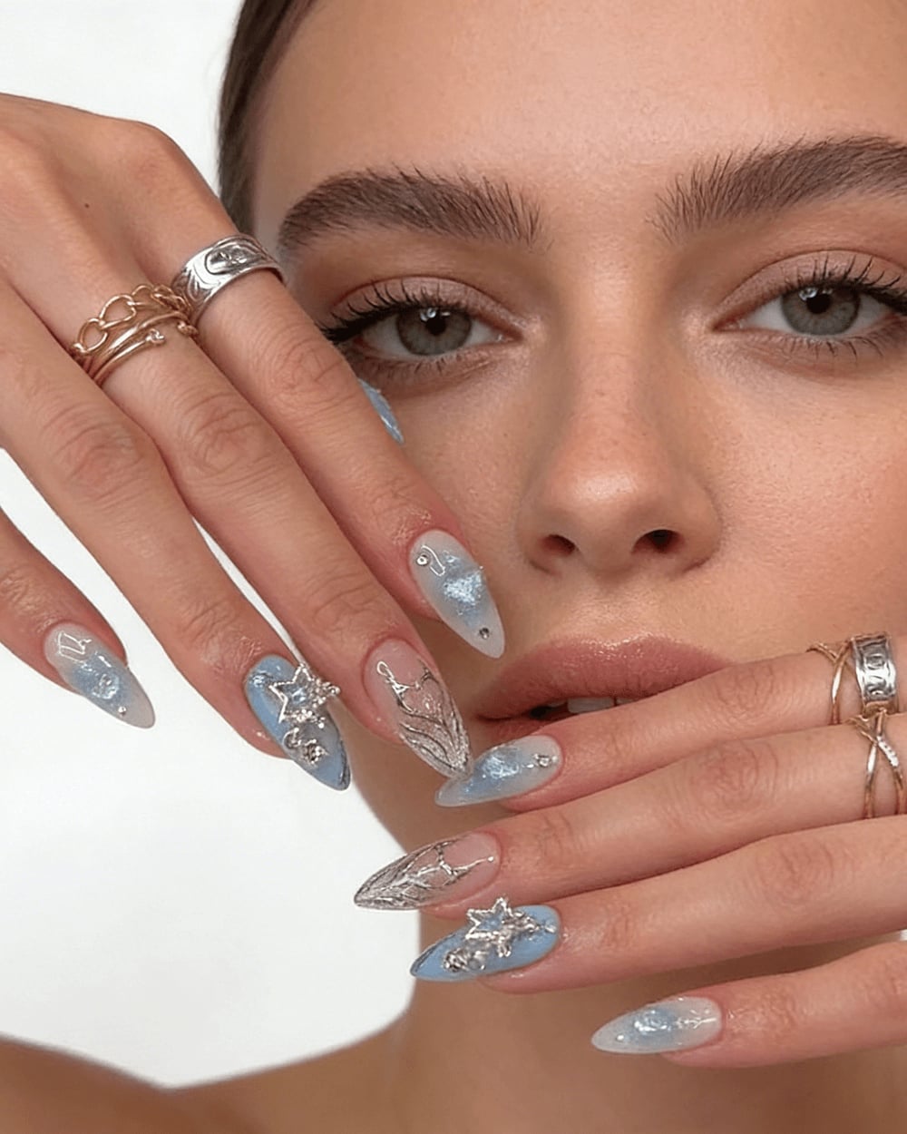 Blue Medium Almond Press On Acrylic Nails Star Designs