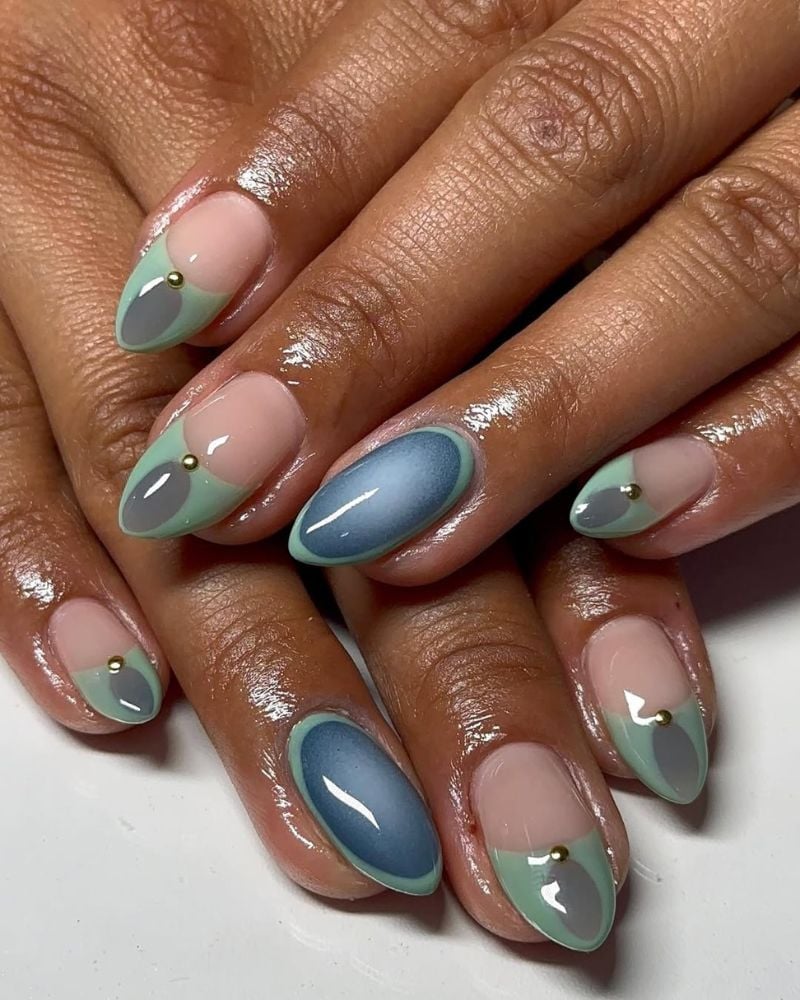 Sage Green Dusty Blue Geometric Medium Almond Nails Sage Green Dusty Blue Geometric Medium Almond Nails