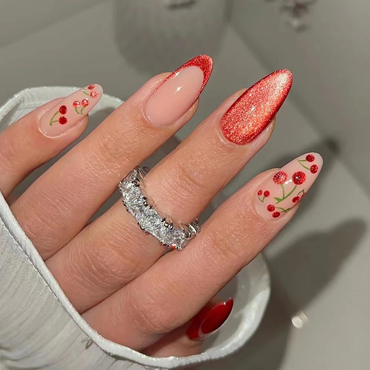 Cherry Blossom Glitter French Medium Almond Nails Cherry Blossom Glitter French Medium Almond Nails