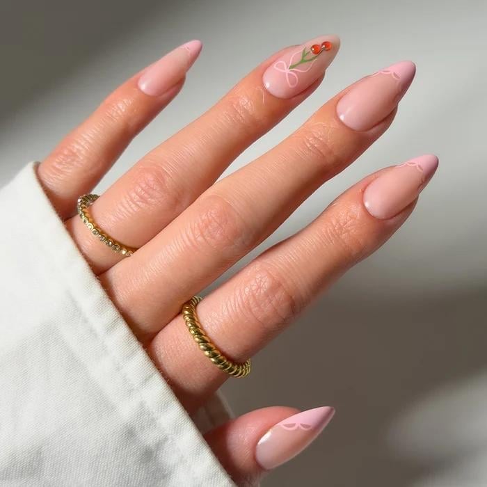 Soft Pink Cherry Motif Medium Almond Nails Soft Pink Cherry Motif Medium Almond Nails
