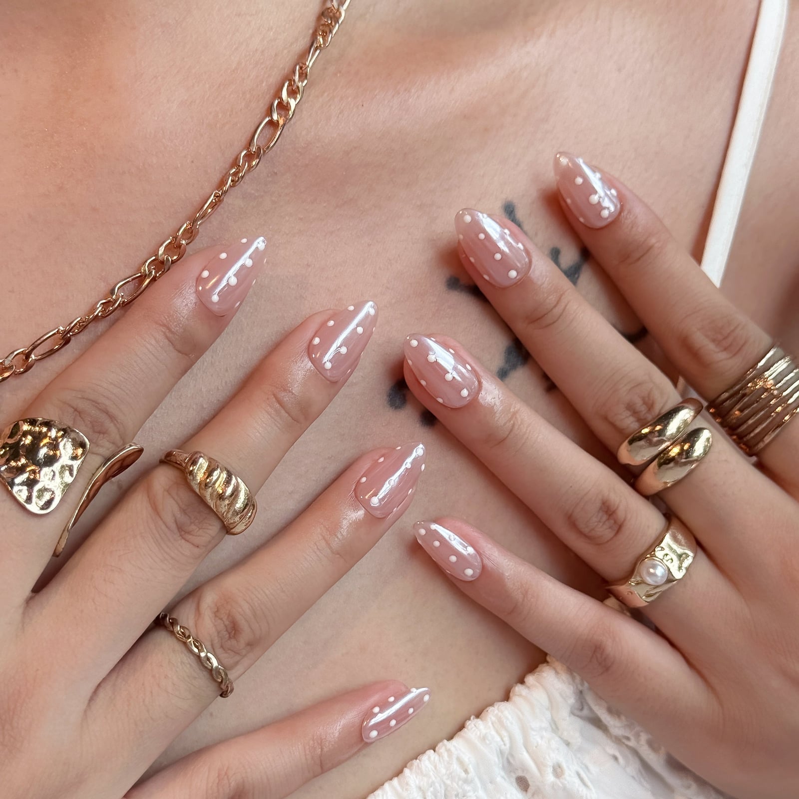 Sheer Nude White Dot Medium Almond Nails Sheer Nude White Dot Medium Almond Nails
