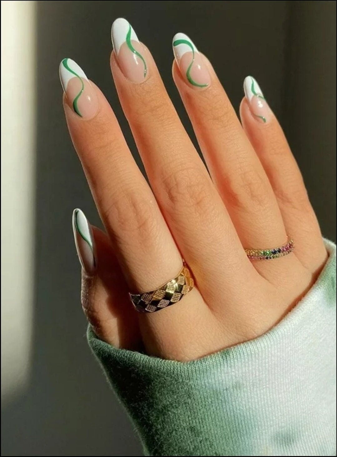Nude White Green Swirl French Medium Almond Nails Nude White Green Swirl French Medium Almond Nails