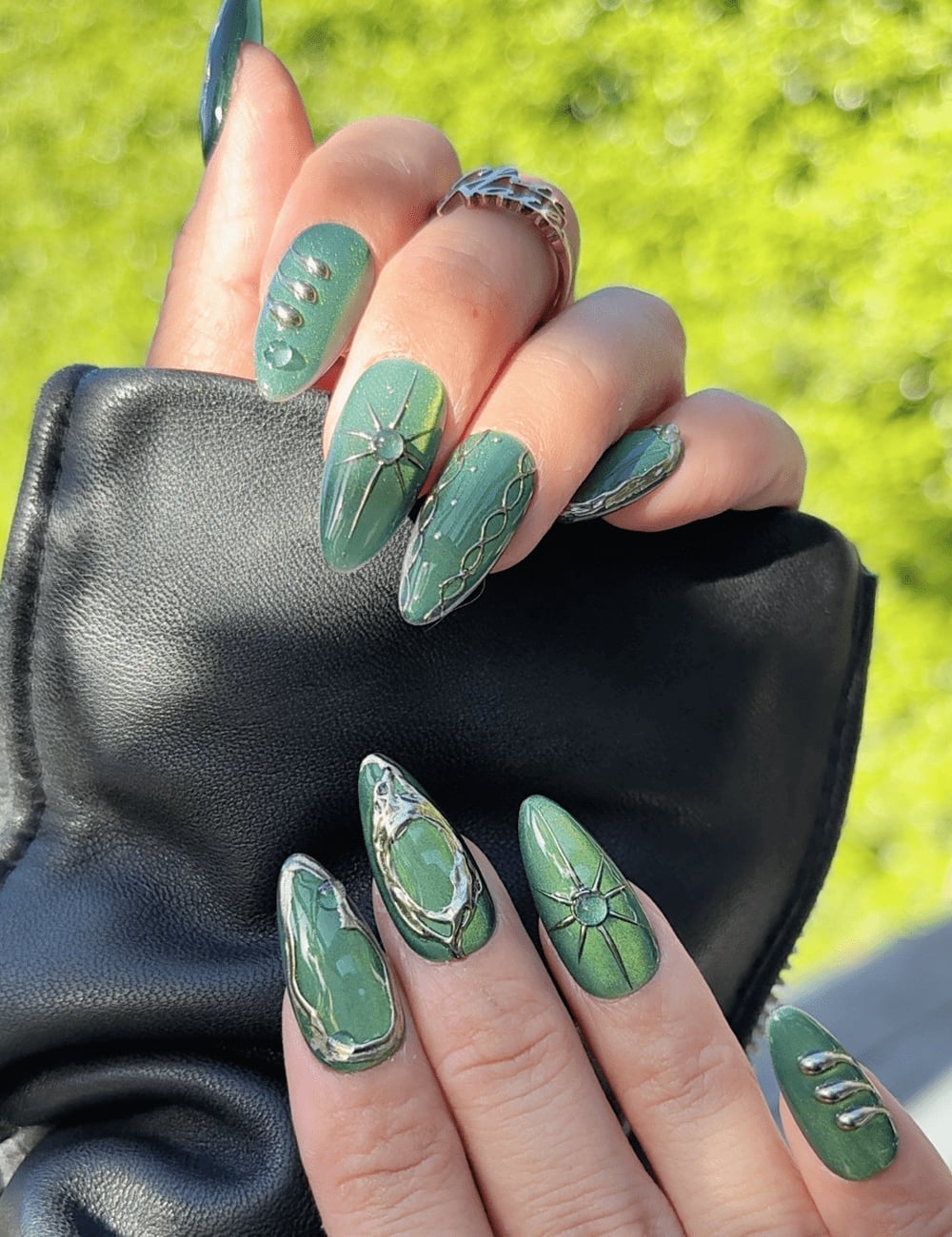 Metallic Green Cat Eye Medium Almond Nails Metallic Green Cat Eye Medium Almond Nails